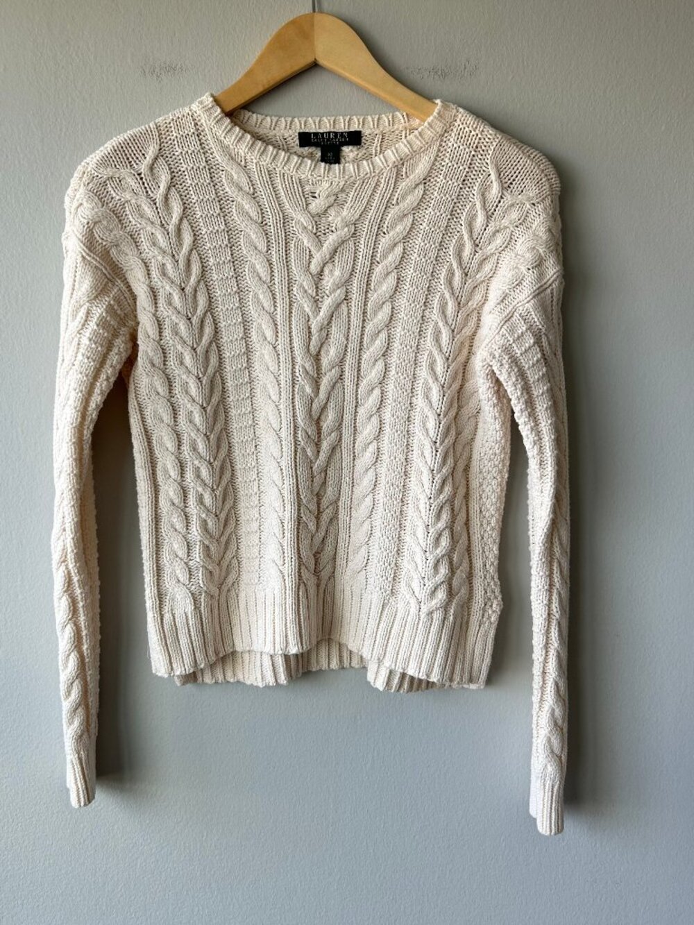 Lauren Ralph Lauren Petite Cable Knit Cotton Sweater Cream PS Fisherman Crewneck